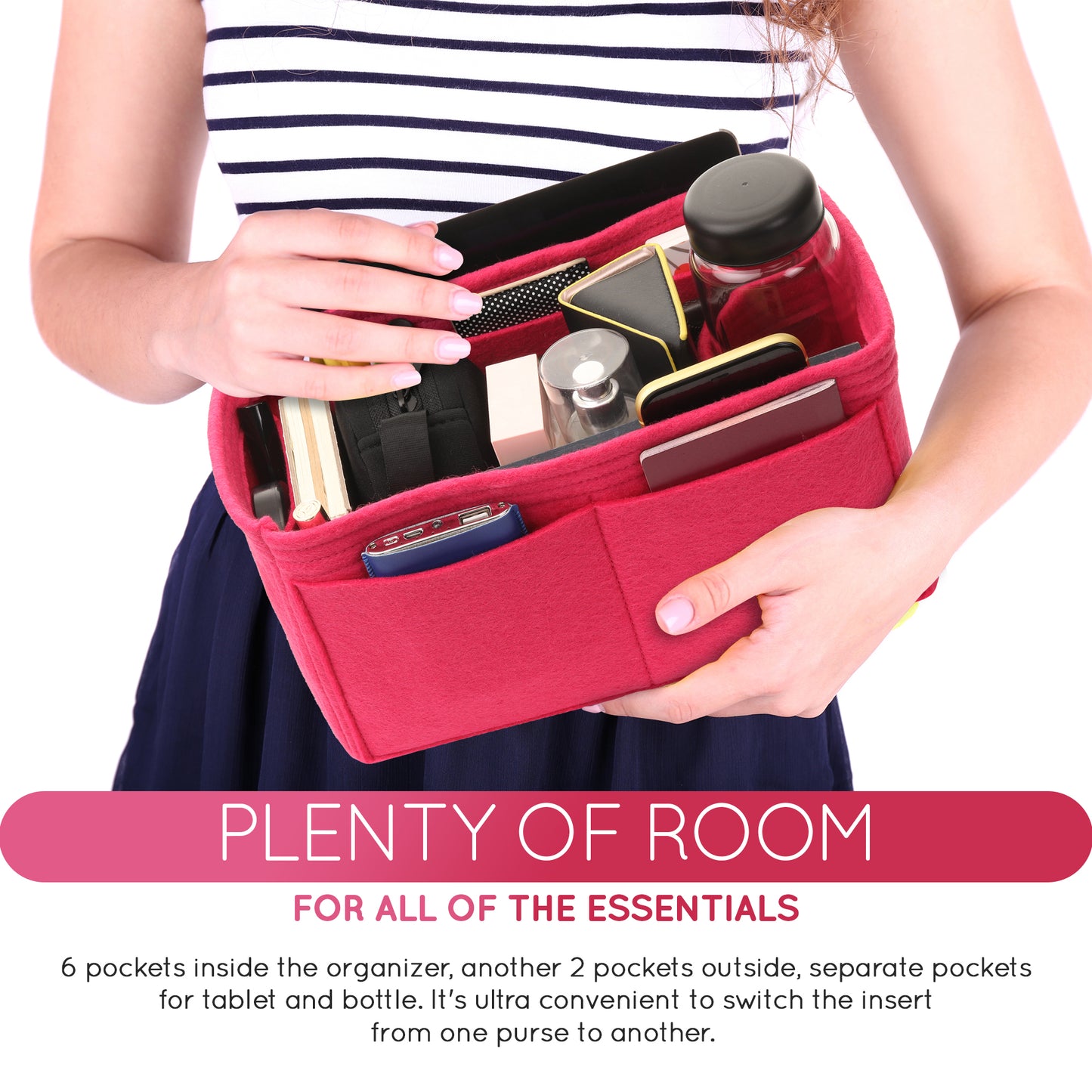 Purse Organizer Insert with 8 Pockets with Key Hook, 6 Sizes in Magenta