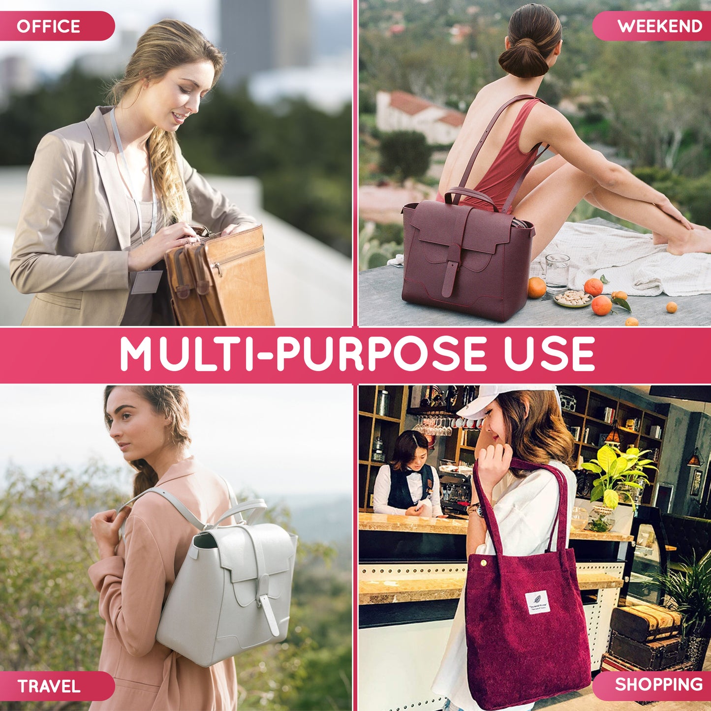 Purse Organizer Insert with 8 Pockets with Key Hook, 6 Sizes in Magenta