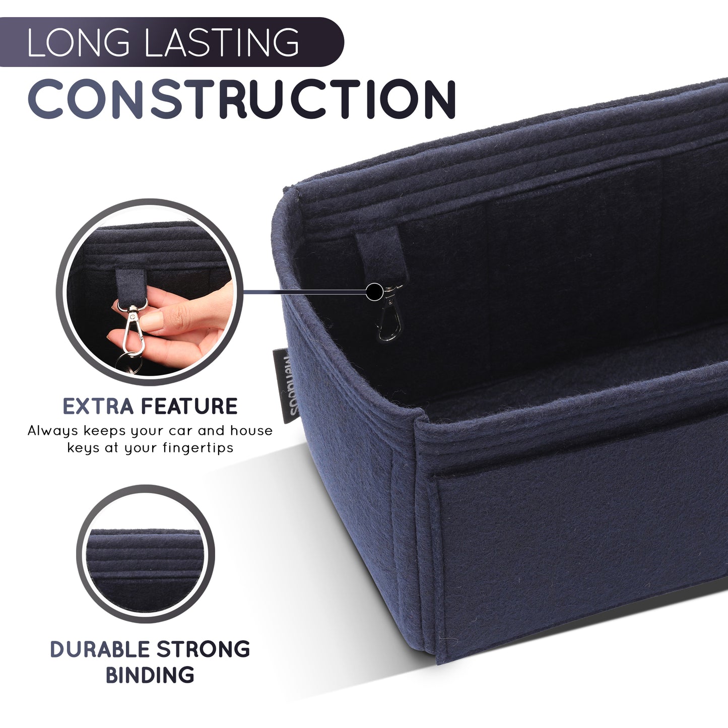 Purse Organizer Insert with 8 Pockets with Key Hook, 6 Sizes in Navy Blue