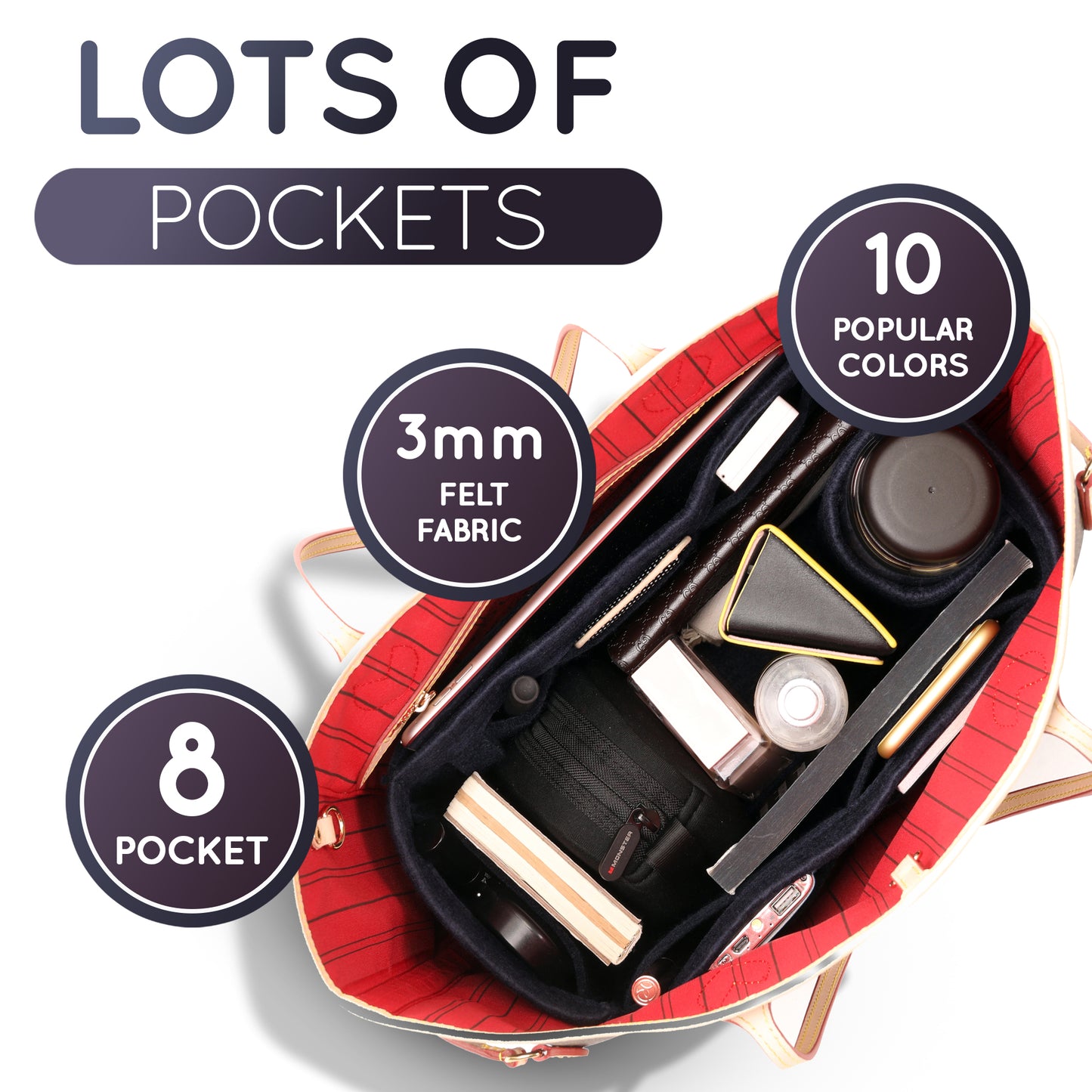 Purse Organizer Insert with 8 Pockets with Key Hook, 6 Sizes in Navy Blue