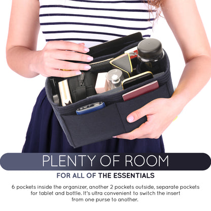 Purse Organizer Insert with 8 Pockets with Key Hook, 6 Sizes in Navy Blue