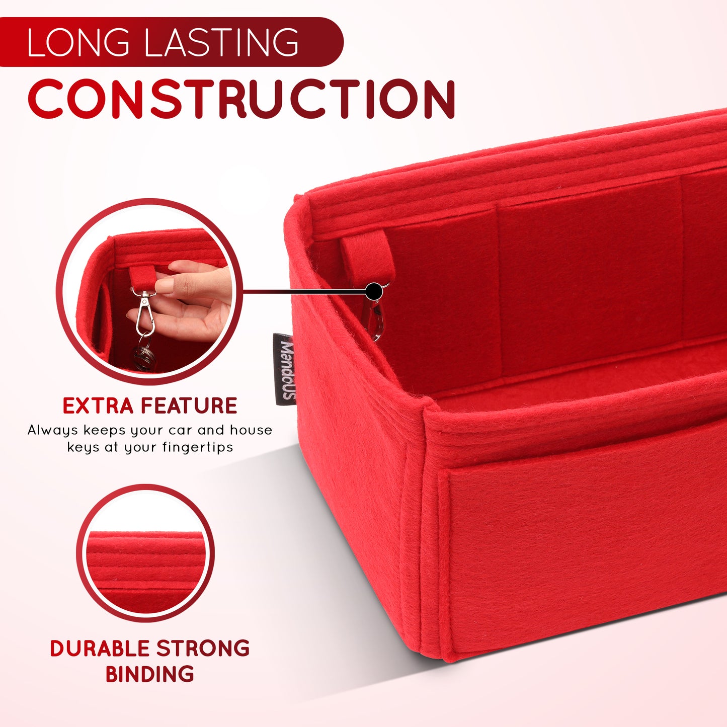 Purse Organizer Insert with 8 Pockets with Key Hook, 6 Sizes in Red