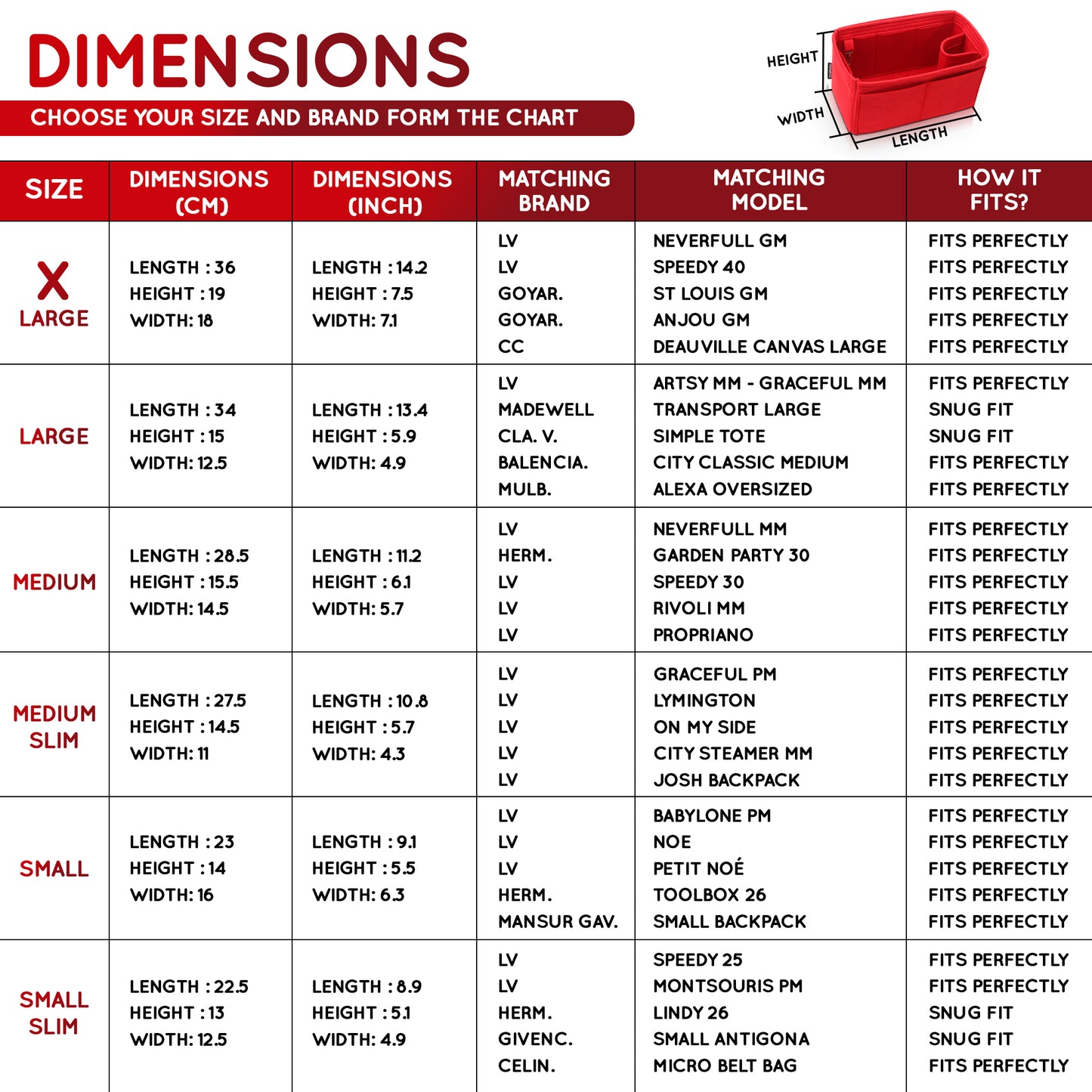 Purse Organizer Insert with 8 Pockets with Key Hook, 6 Sizes in Red
