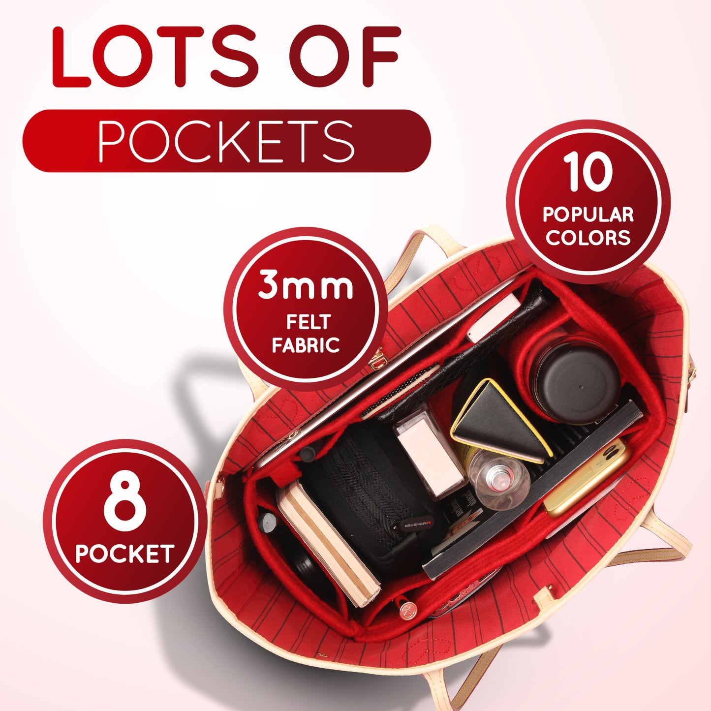 Purse Organizer Insert with 8 Pockets with Key Hook, 6 Sizes in Red