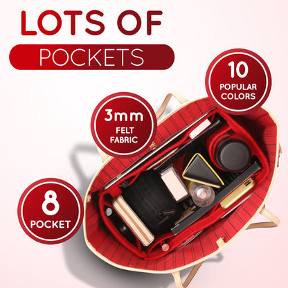 Purse Organizer Insert with 8 Pockets with Key Hook, 6 Sizes in Red