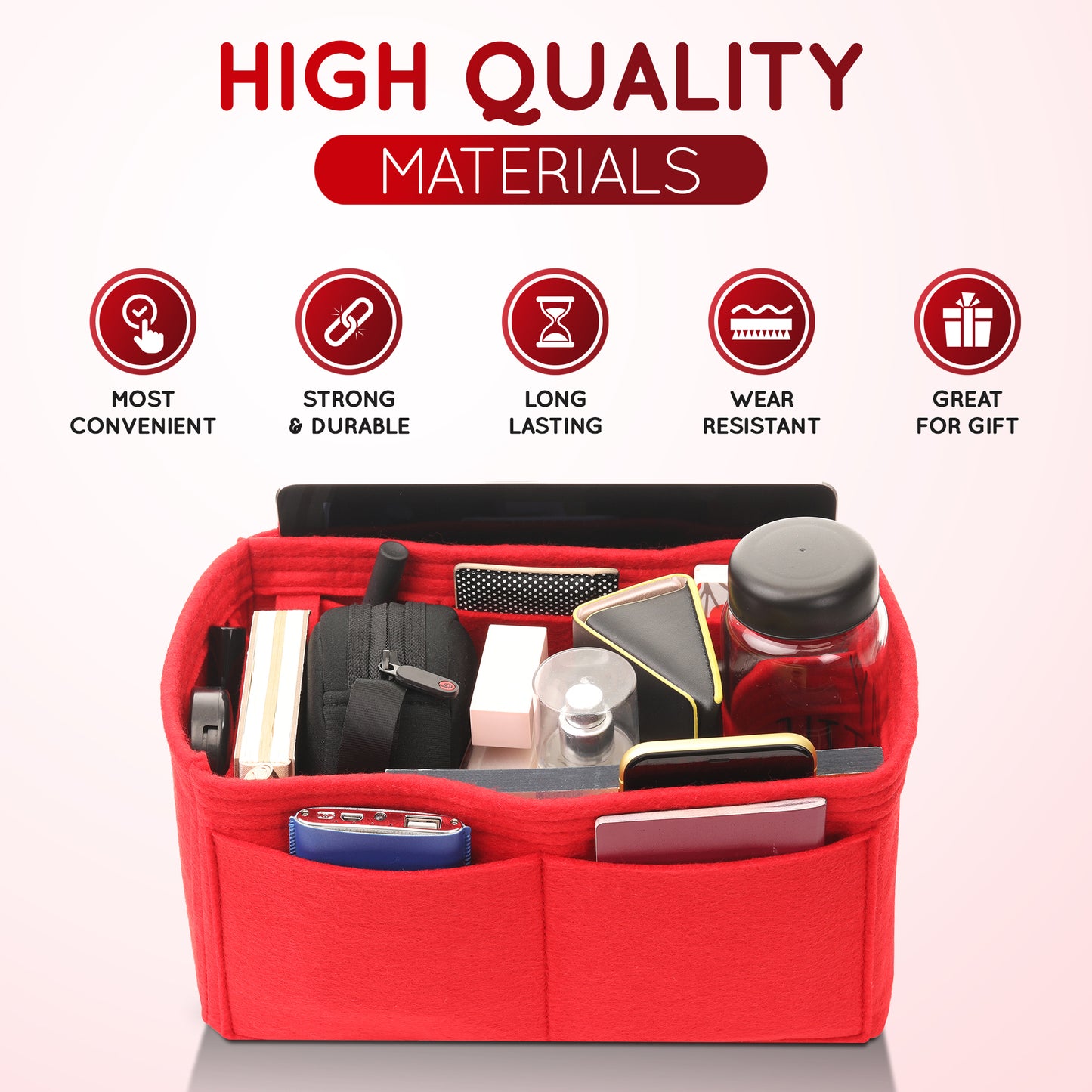 Purse Organizer Insert with 8 Pockets with Key Hook, 6 Sizes in Red