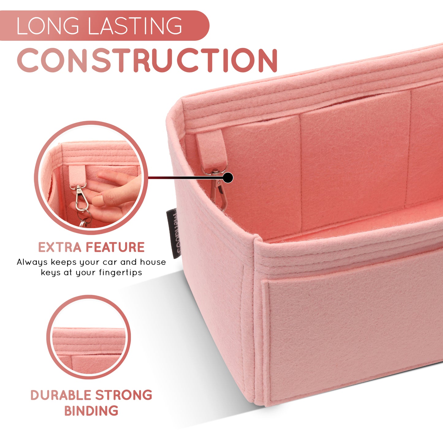 Purse Organizer Insert with 8 Pockets with Key Hook, 6 Sizes in Rose Ballerina