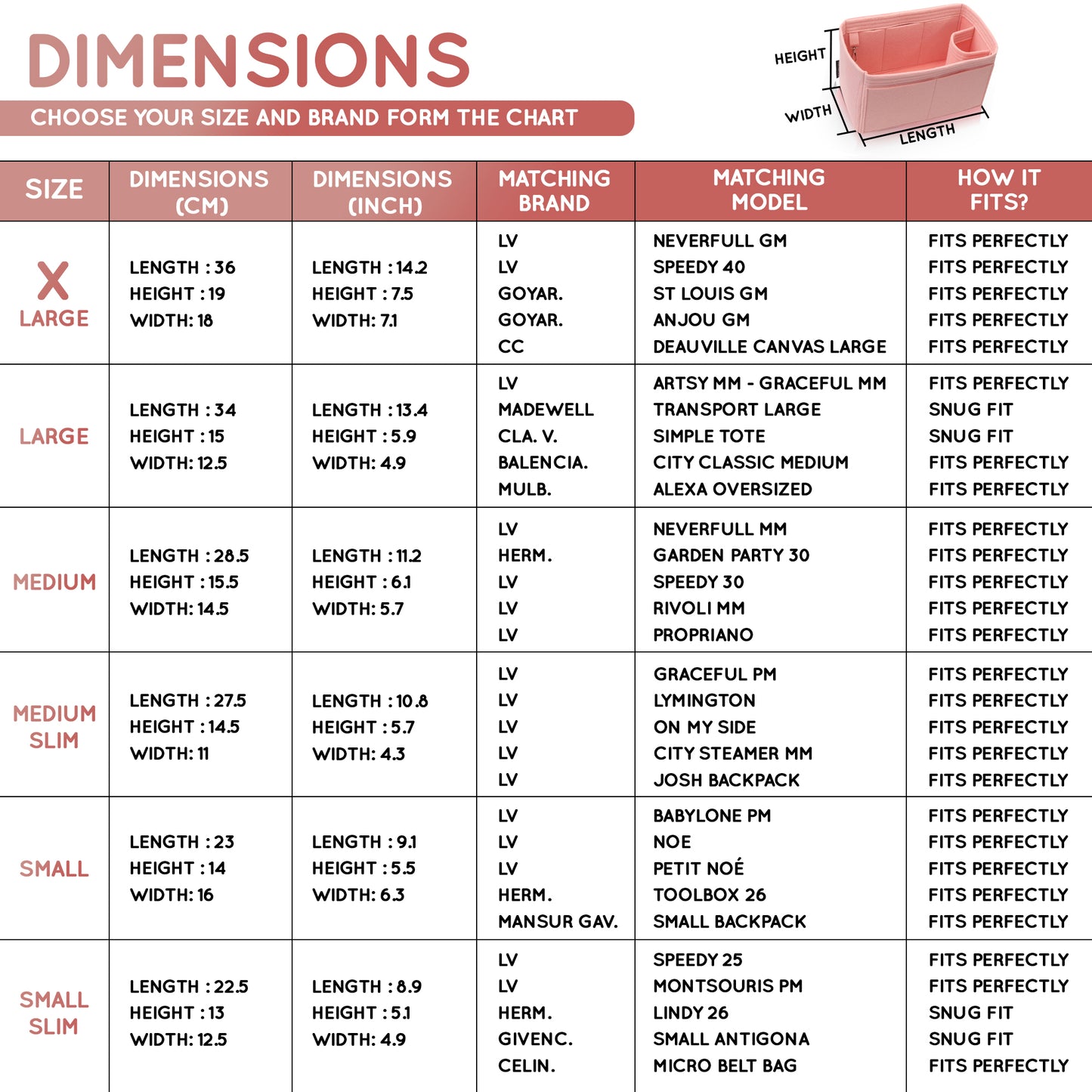 Purse Organizer Insert with 8 Pockets with Key Hook, 6 Sizes in Rose Ballerina