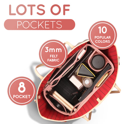 Purse Organizer Insert with 8 Pockets with Key Hook, 6 Sizes in Rose Ballerina