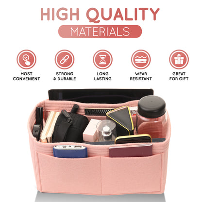 Purse Organizer Insert with 8 Pockets with Key Hook, 6 Sizes in Rose Ballerina